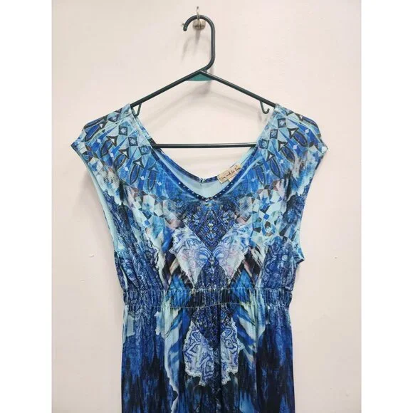 Live And Let Live Womens BOHO Maxi Dress Small Blue Abstract Sleeveless Festival - Picture 2 of 11